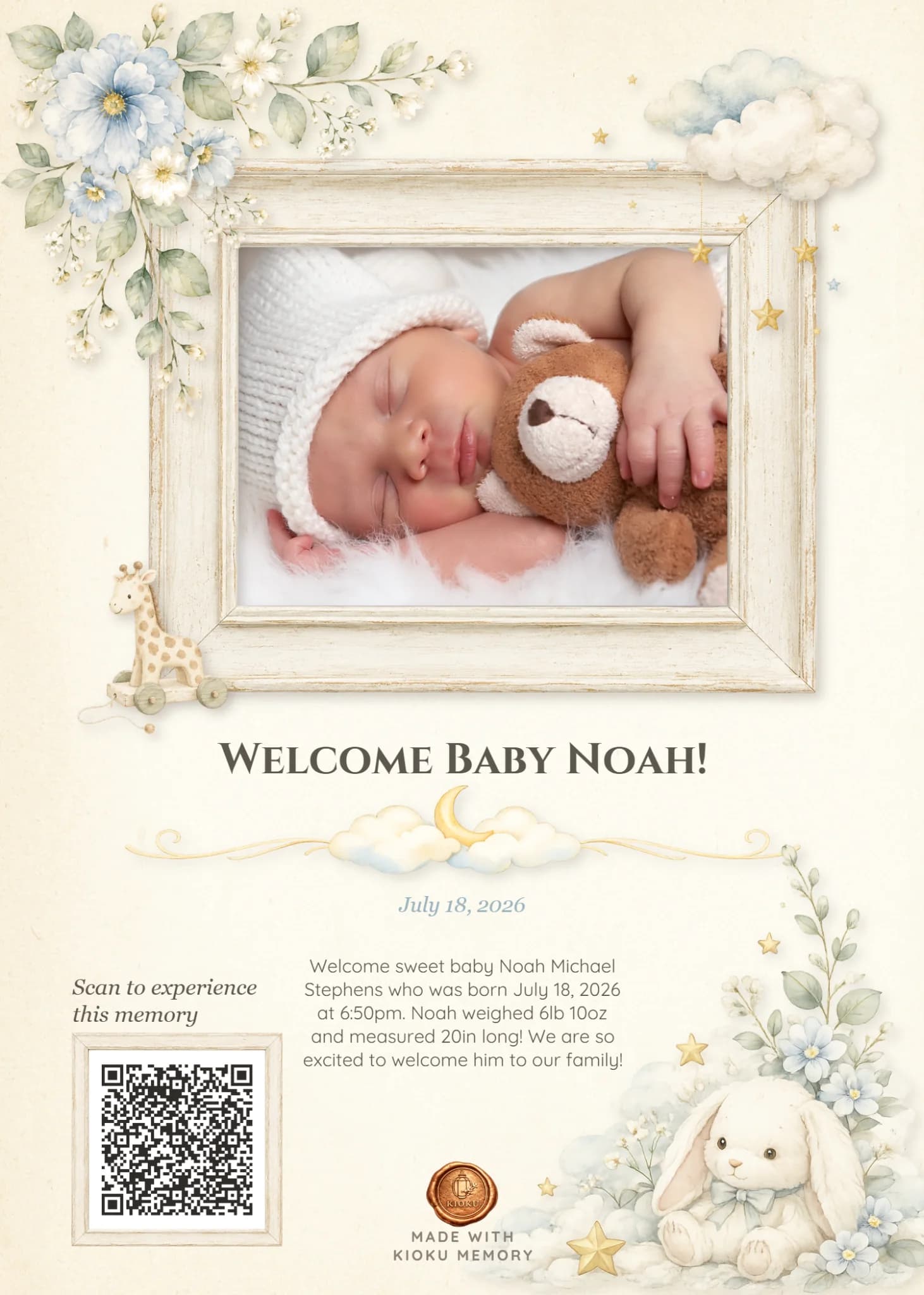 Little Moments keepsake titled Welcome Baby Noah with a framed newborn photograph and QR code