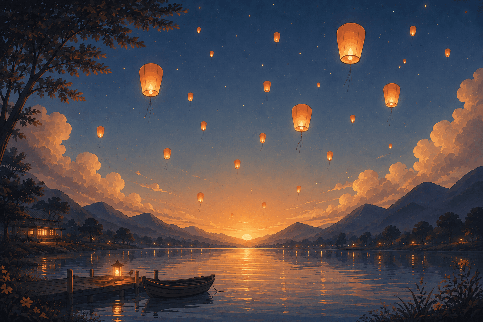 Paper lanterns floating over a peaceful lake