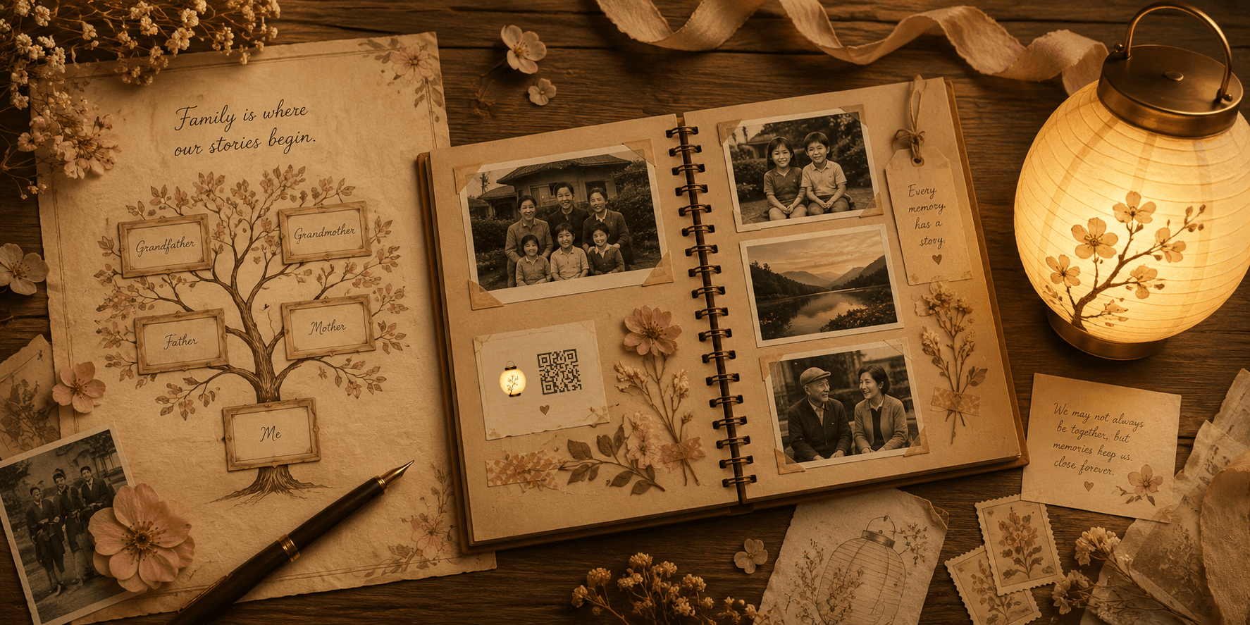 A family tree scrapbook page with photographs, handwritten notes, and pressed flowers
