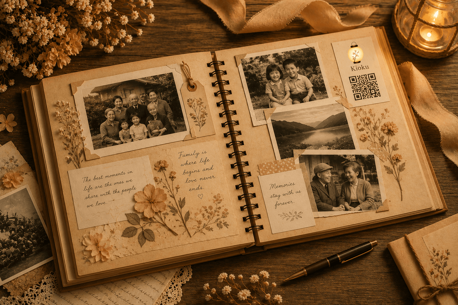 An open family scrapbook surrounded by warm lantern light and dried flowers
